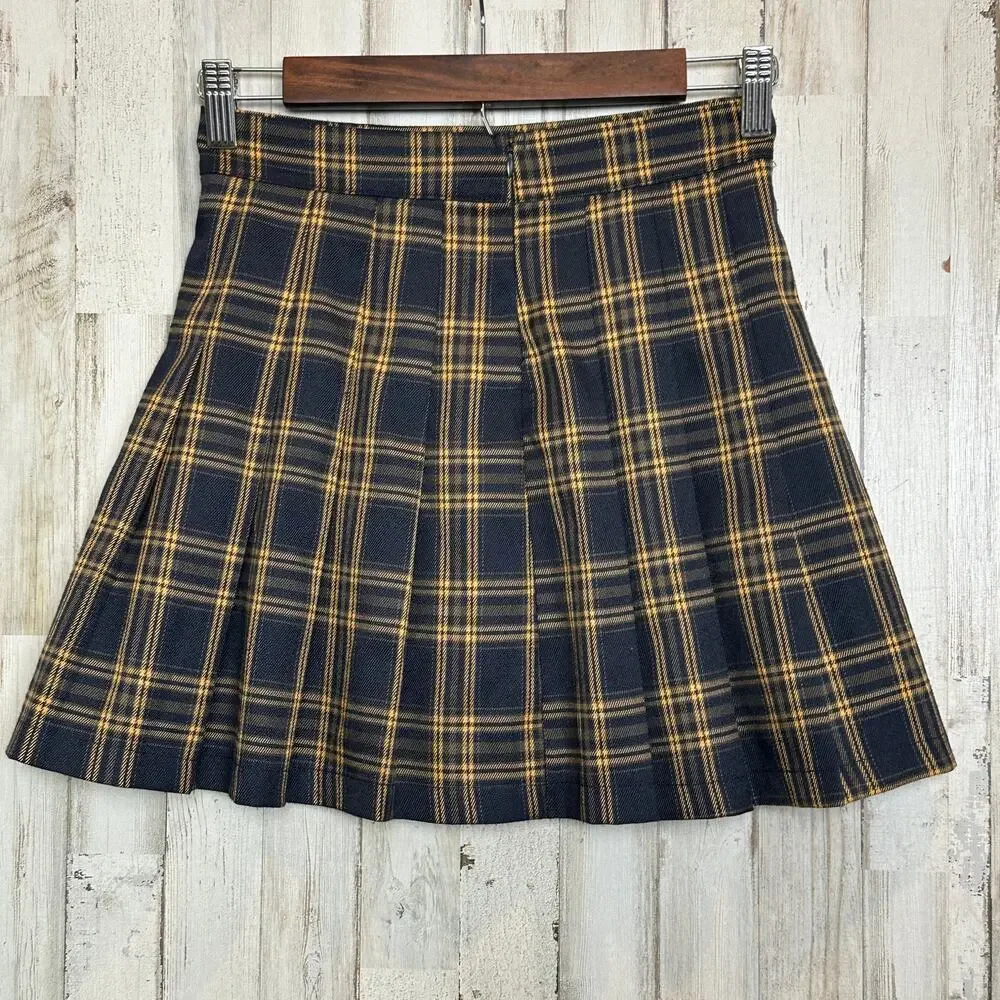 Full Tilt Plaid Pleated Mini Skirt XS Black Yellow Preppy Schoolgirl Academia - Picture 2 of 8